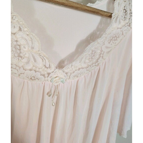 Shadowline Nightgown LARGE Peignoir Pale Pink Knee Length Lace Retro Romantic - Picture 9 of 10
